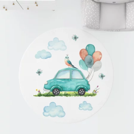 Watercolor Effect, Turquoise Car, Round Children's Room Rug